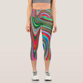 Leggings Capri Resumen Trippy Red, Verde y Azul Arte Groovy