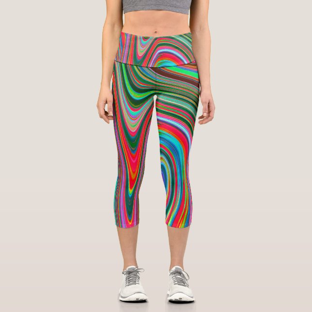 Leggings Capri Resumen Trippy Red, Verde y Azul Arte Groovy (Anverso)