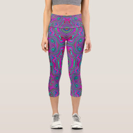 Leggings Capri Resumen trippy retro magenta, azul y verde