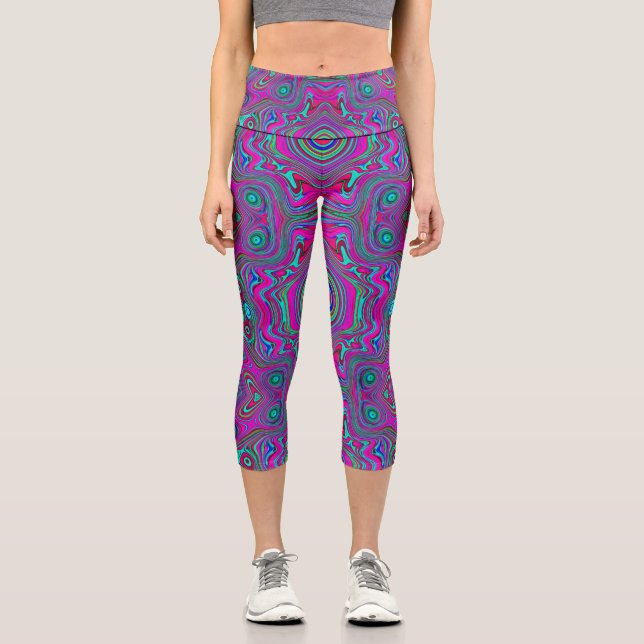 Leggings Capri Resumen trippy retro magenta, azul y verde (Anverso)