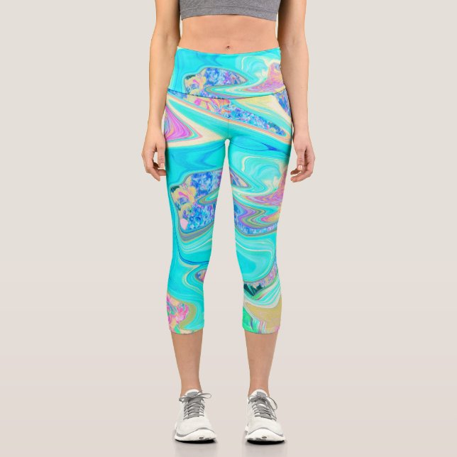 Leggings Capri Retro Aqua Blue Liquid Art sobre Hydrangeas abstra (Anverso)