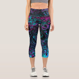 Leggings Capri Retro Aqua Magenta y Black Abstract Swirl