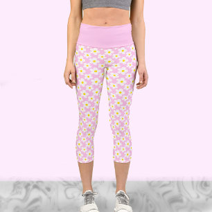 Leggings Capri Retro blanco y rosa daisida lindo entrenamiento fl