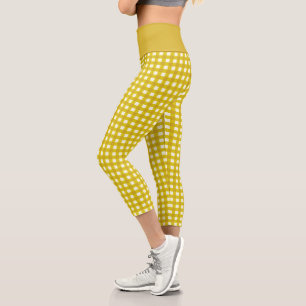 Leggings Capri Retro Gingham Plaid en amarillo mostaza
