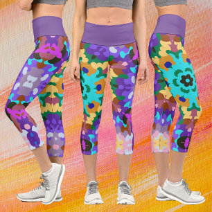 Leggings Capri Retro Mandala azul morado y amarillo