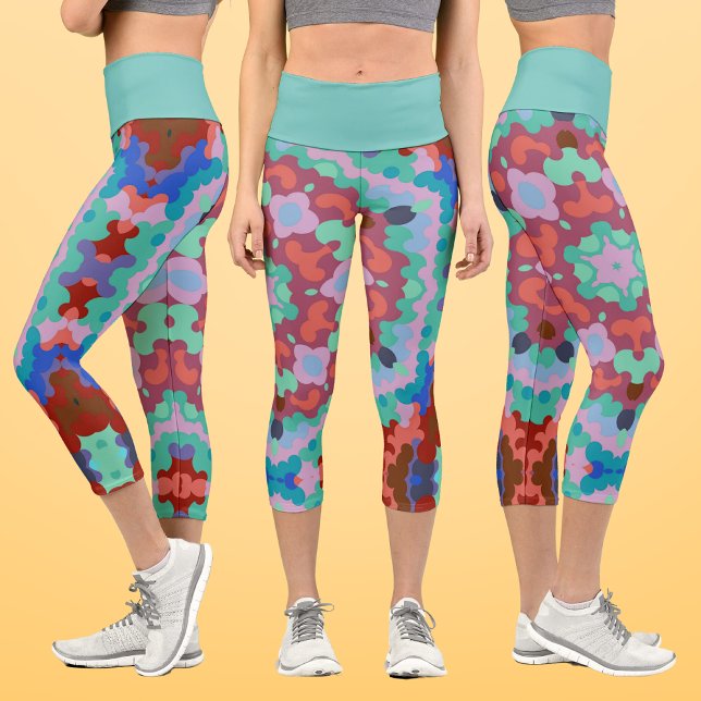 Leggings Capri Retro Mandala Flor Azul Rojo y Verde azulado (Subido por el creador)