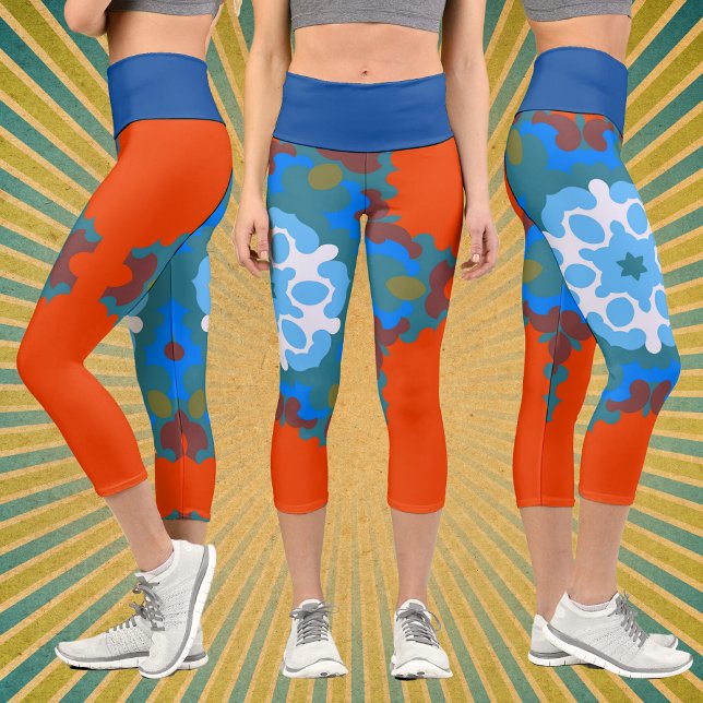 Leggings Capri Retro Mandala Flor Naranja Blanco y Azul (Subido por el creador)