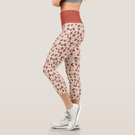 Leggings Capri Retro Mushroom Print - Cottagecore 3/4 Length Yoga