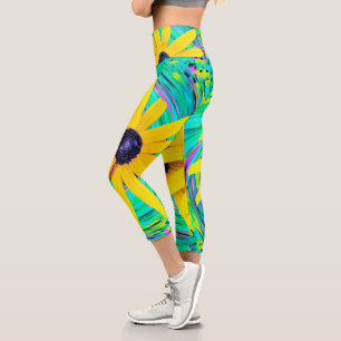 Leggings Capri Retro Resumen de las flores amarillas en Aqua Swir