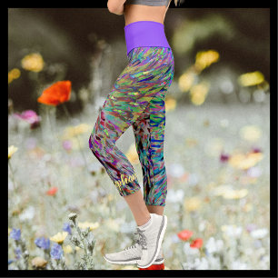 Leggings Capri Retro Resumen Floral Púrpura Azul Amarillo Nombre