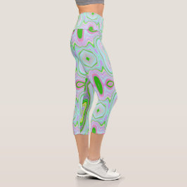 Leggings Capri Retro Resumen Rosa, Lime Green y Aqua Pattern