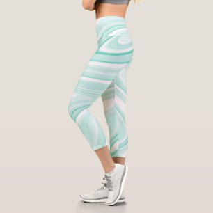 Leggings Capri Retro Swirl Líquido Aqua Pintado Verde Estético