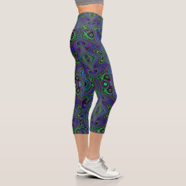 Leggings Capri Retro Trippy Azul Real y Verde Lima Abstracto