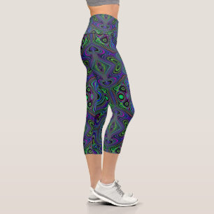 Leggings Capri Retro Trippy Azul Real y Verde Lima Abstracto