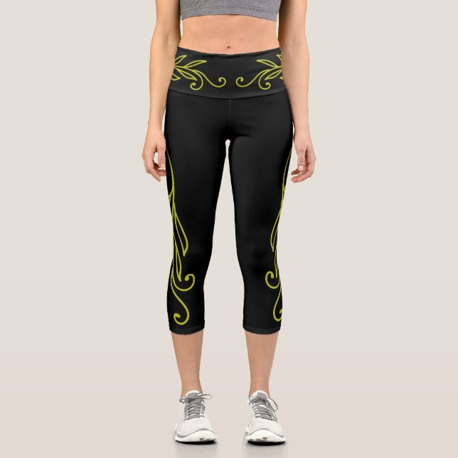 Leggings Capri Rizos de hoja verde fluorescente (Anverso)