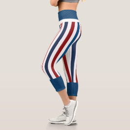 Leggings Capri Rojo, Blanco, Bandas Azules, Capris De Alto Desagu
