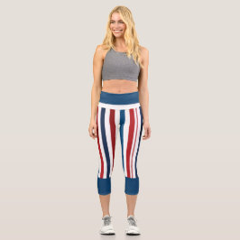 Leggings Capri Rojo, Blanco, Bandas Azules, Capris De Alto Desagu