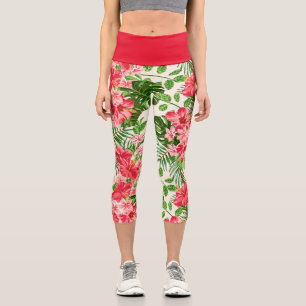 Leggings Capri Rojo Hibiscus Flower Pattern High Waist Capris