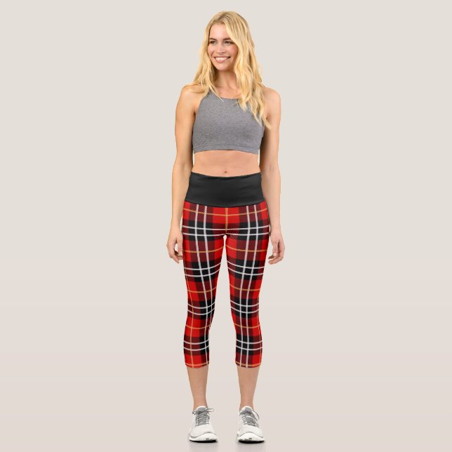 Leggings Capri Rojo Negro Buffalo Plaid Diseño Capris Alto Desgas (Anverso)