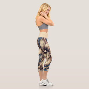 Leggings Capri Ropa Activa de Yoga Floral Abstracta Azul Beige