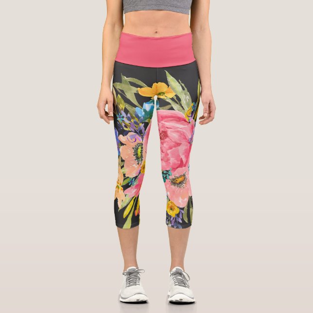Leggings Capri Rosa acuarela Floral Bouquet (Anverso)