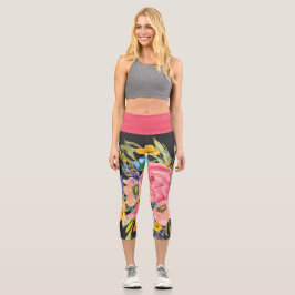 Leggings Capri Rosa acuarela Floral Bouquet