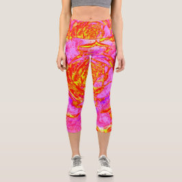 Leggings Capri Rosa caliente, rojo y amarillo suculento rosette s