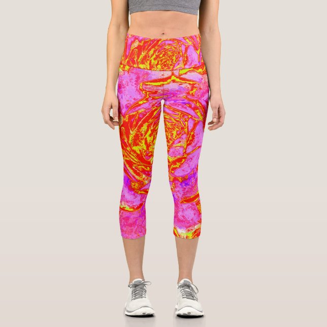 Leggings Capri Rosa caliente, rojo y amarillo suculento rosette s (Anverso)