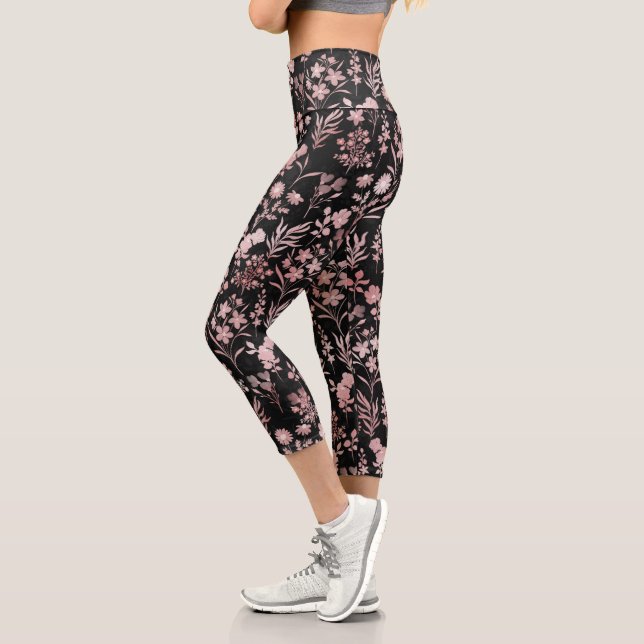 Leggings Capri Rosa elegante Flores de oro Negro Botánico (Izquierda)