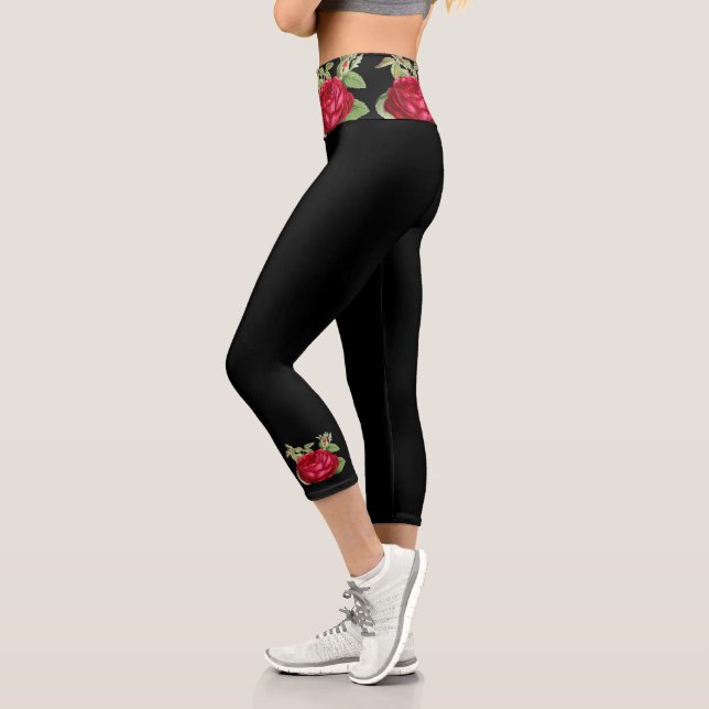 Leggings Capri Rosa roja sobre floral negra (Izquierda)