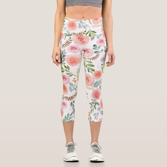 Leggings Capri Rosa rosa de Rubor y hojas verdes  (Anverso)
