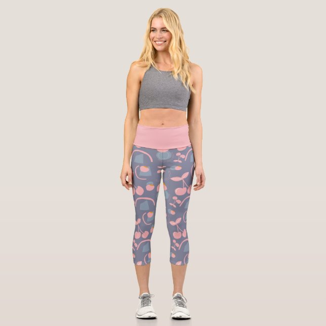 Leggings Capri rosa y gris frutal con patrón de cereza (Anverso)