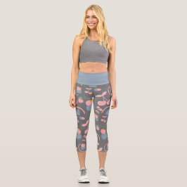 Leggings Capri rosa y gris frutal con patrón de cereza