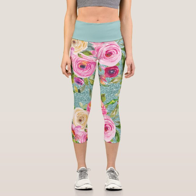 Leggings Capri Rosas acuáticos en rosa y crema en el Purpurina Aq (Anverso)
