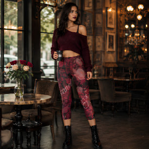 Leggings Capri Rosas de Encaje Carmesí Moda Floral Gótica Románti