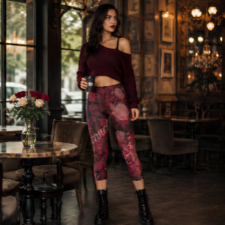 Leggings Capri Rosas de Encaje Carmesí Moda Floral Gótica Románti