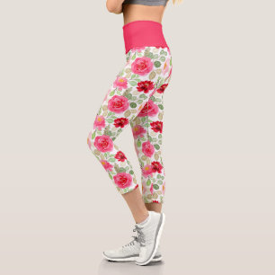 Leggings Capri Rosas Florales Acuarela Rosa y Rojo Lindas