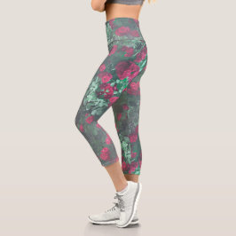 Leggings Capri Rosas rojas pálidas Hojas verdes Flores
