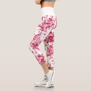 Leggings Capri Rosas románticos de época rosados en blanco