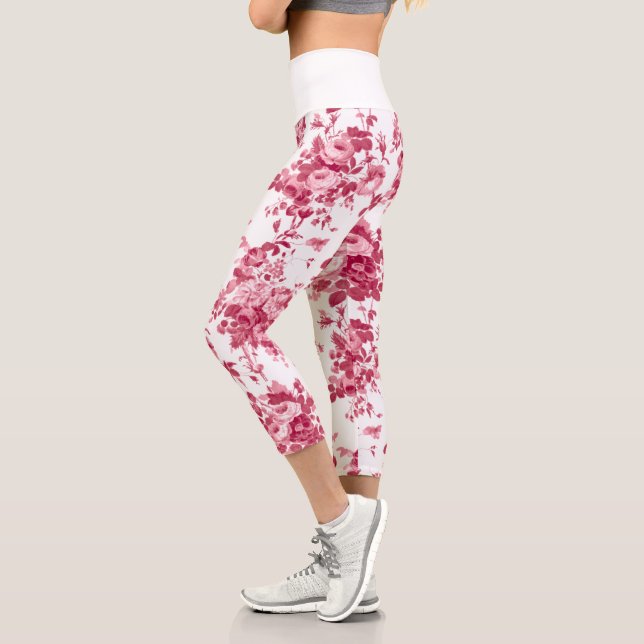 Leggings Capri Rosas románticos de época rosados en blanco (Izquierda)
