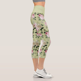 Leggings Capri Rosas románticos de estampado floral verde