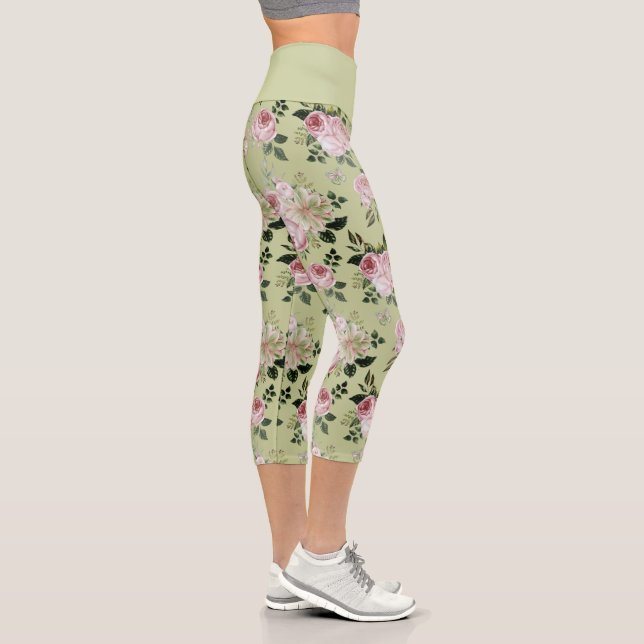 Leggings Capri Rosas románticos de estampado floral verde (Derecha)