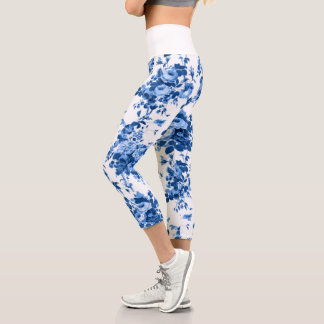 Leggings Capri Rosas románticos de la época antigua - azul sobre 