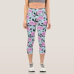 Leggings Capri rosas rosas rosas, rosas, fondo turquesa