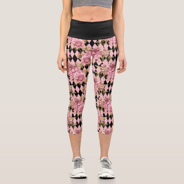 Leggings Capri Rosas rosas y Harlequin (Anverso)