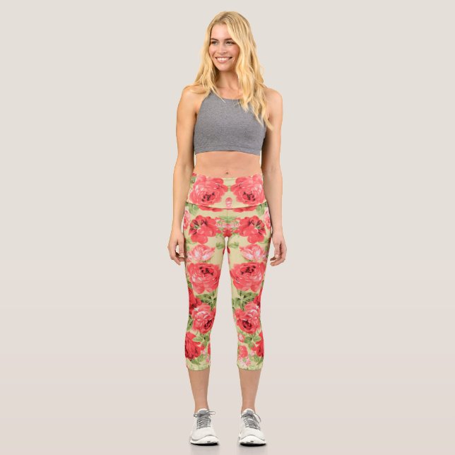 Leggings Capri Rosas y hojas patrón floral (Anverso)