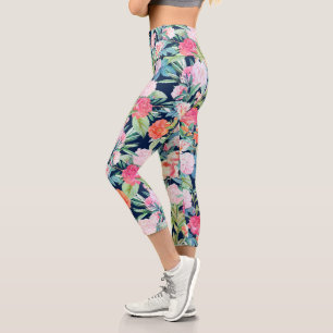 Leggings Capri Roses rosados románticos florales Vintage Blue Des