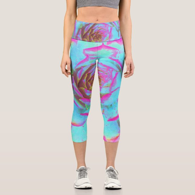 Leggings Capri Rosette de sedición azul y rosa caliente (Anverso)