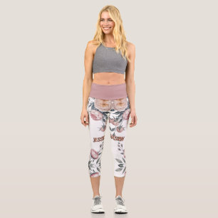 Leggings Capri Rubor Azul Marino Rosa Pastel Suave Floral