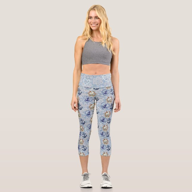 Leggings Capri Rueda Náutica Ancla Mar Sobrio Imprimir Azul (Anverso)